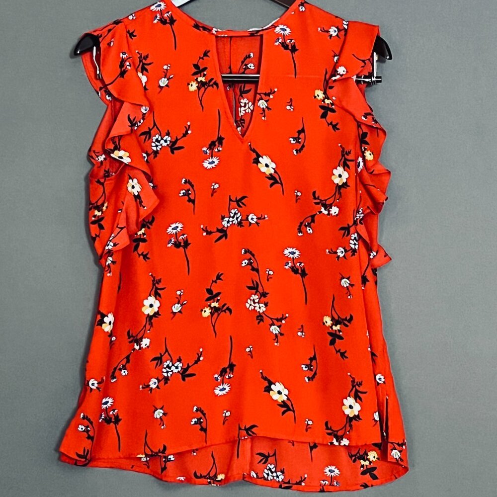 Crescent & Willough Red Floral Flutter Sleeve Blouse Women's L